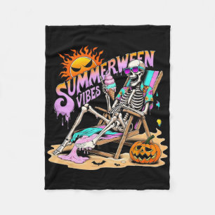 Summerween Vibes Skeleton Pumpkin Spooky Vacation Fleece Blanket