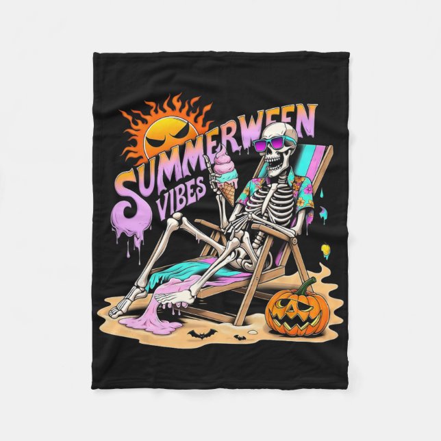 Summerween Vibes Skeleton Pumpkin Spooky Vacation  Fleece Blanket (Front)
