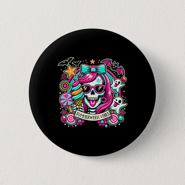 Summerween Vibes Skeleton Spooky Vacation Hallowee 6 Cm Round Badge (Front)