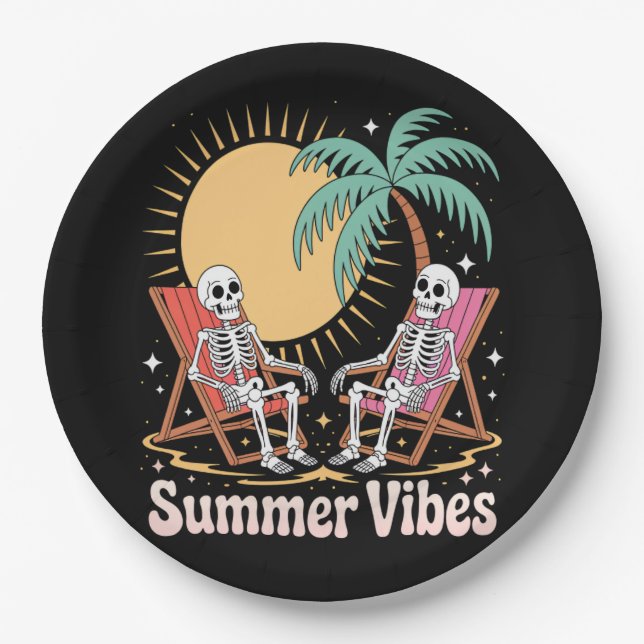 Summerween Vibes Skeleton Summer Vacation Beach Paper Plate (Front)