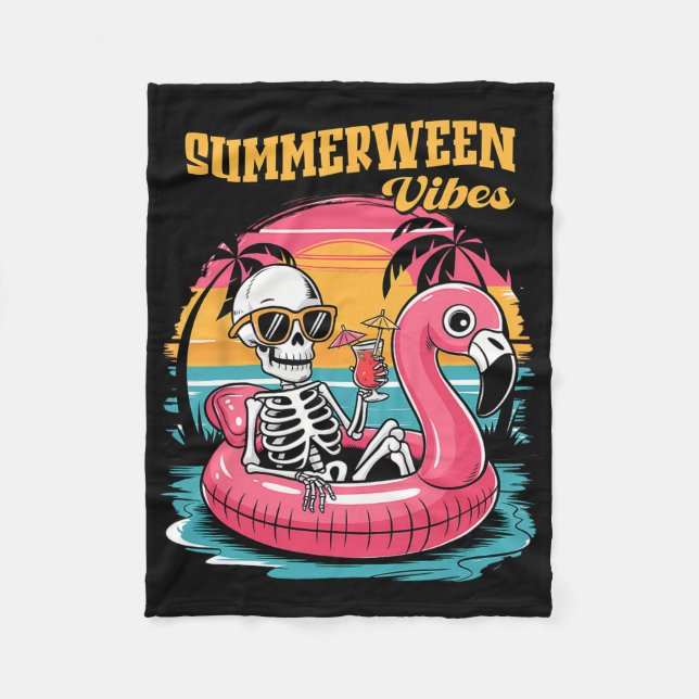 Summerween Vibes Skeleton Summer Vacation Funny Ha Fleece Blanket (Front)