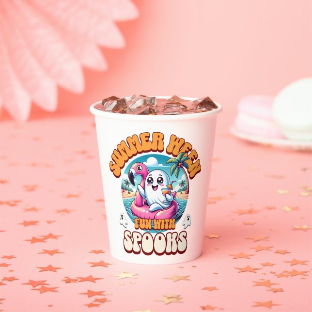 Summerween Vibes Spooky Cute Ghost Flamingo Float Paper Cups (Insitu)