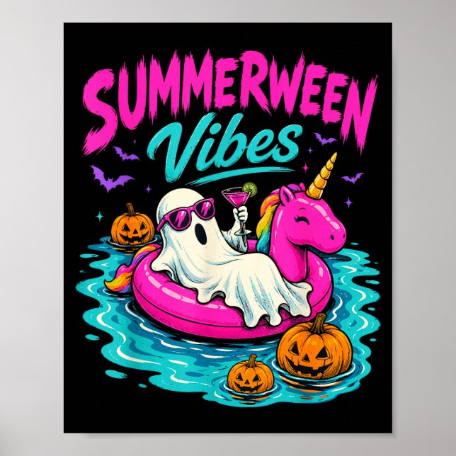 Summerween vibes spooky ghost unicorn beach poster (Front)
