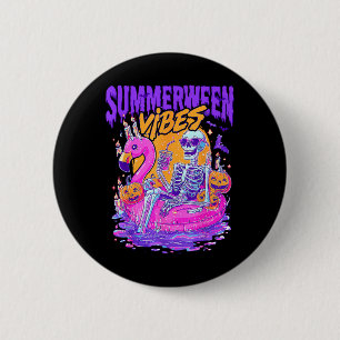 Summerween Vibes Spooky Skeleton Flamingo Pool Hal 6 Cm Round Badge