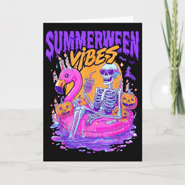 Summerween Vibes Spooky Skeleton Flamingo Pool Hal Card (Front)