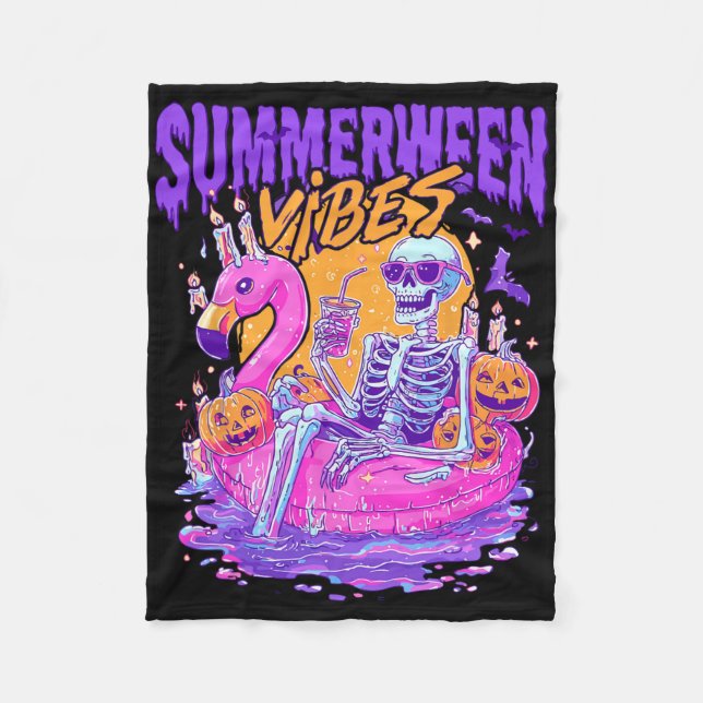 Summerween Vibes Spooky Skeleton Flamingo Pool Hal Fleece Blanket (Front)