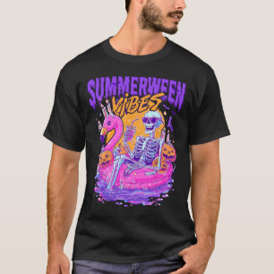 Summerween Vibes Spooky Skeleton Flamingo Pool Hal T-Shirt
