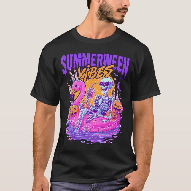 Summerween Vibes Spooky Skeleton Flamingo Pool Hal T-Shirt (Front)