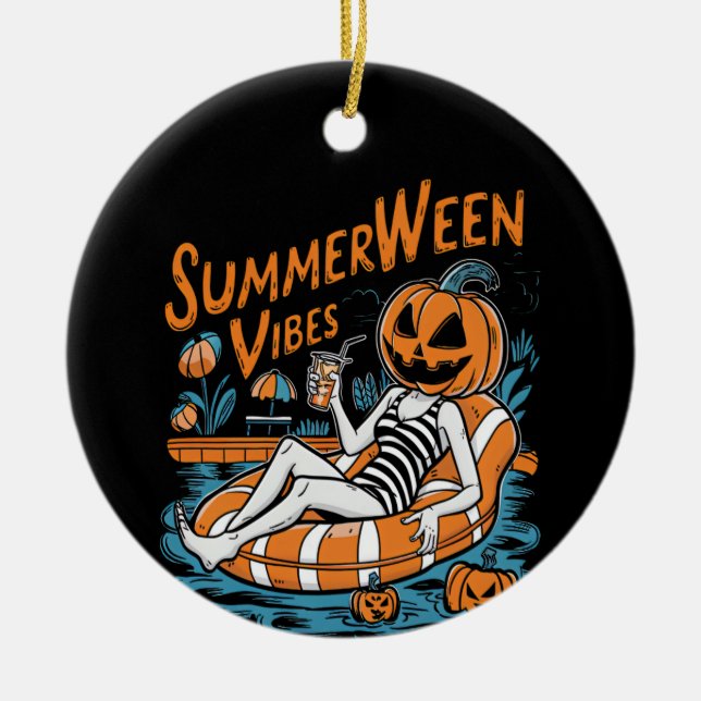 Summerween Vibes Spooky Summer Pumpkin Cute Ceramic Ornament (Front)