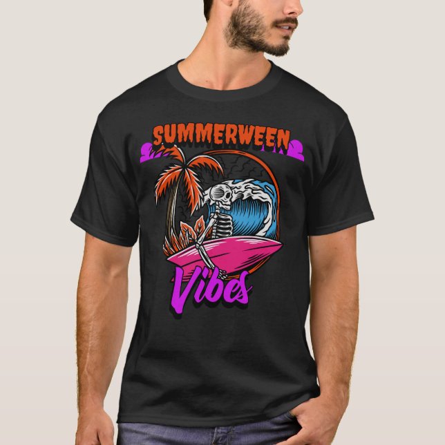 Summerween Vibes Surfing Skeleton T-Shirt (Front)