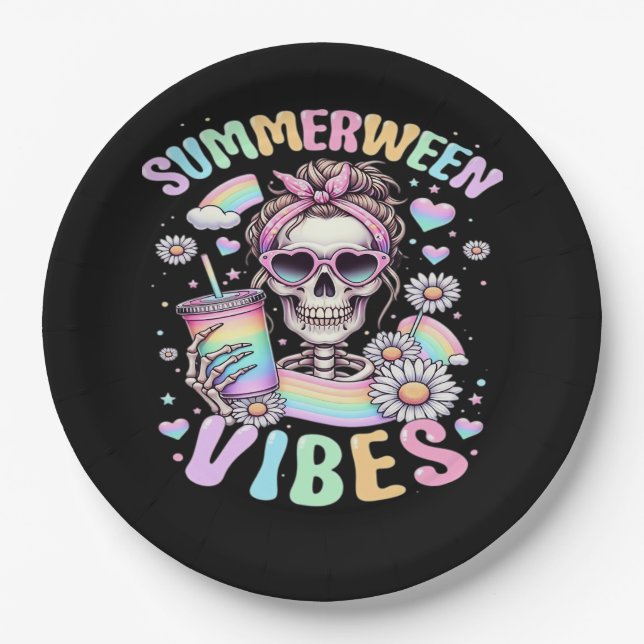 Summerween Vibes Sweet Skeleton Girl Summer Hallow Paper Plate (Front)