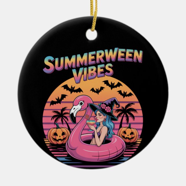 Summerween Vibes Witch Flamingo Ceramic Ornament (Front)