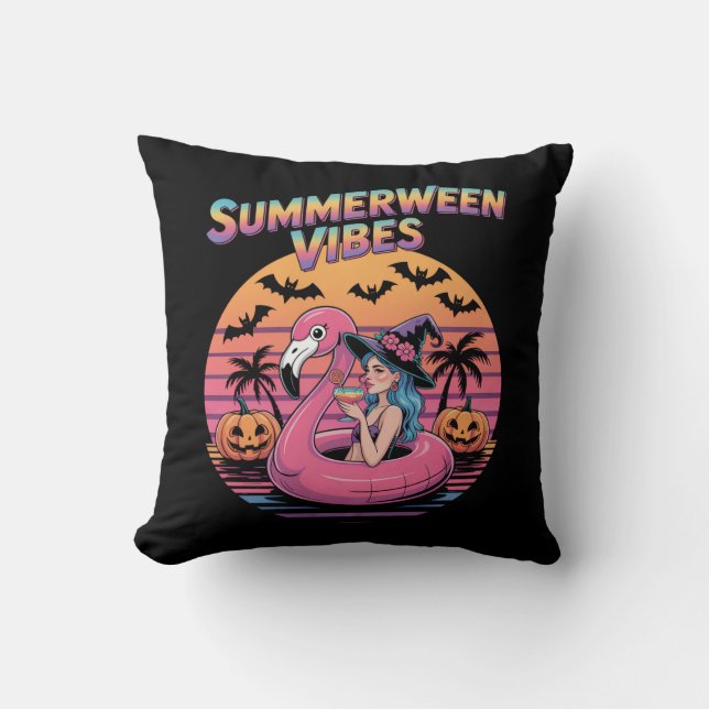 Summerween Vibes Witch Flamingo Cushion (Front)