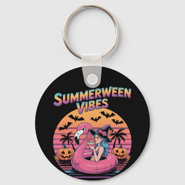 Summerween Vibes Witch Flamingo Key Ring (Front)