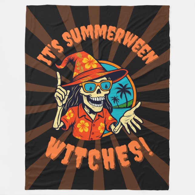 Summerween Witch Skeleton in Tropical Witch Hat 2  Fleece Blanket (Front)