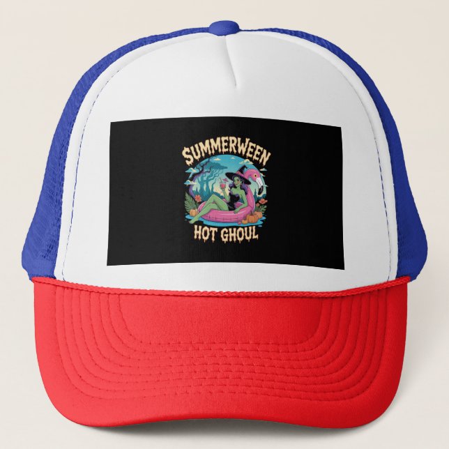 Summerween Witch Vibes Vacation Trucker Hat (Front)