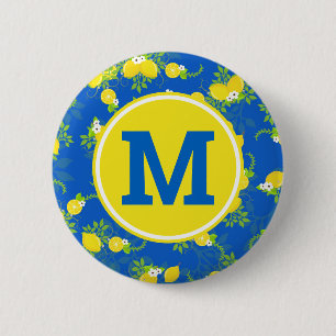 Summery Blue and Yellow Lemons Floral Pattern 6 Cm Round Badge
