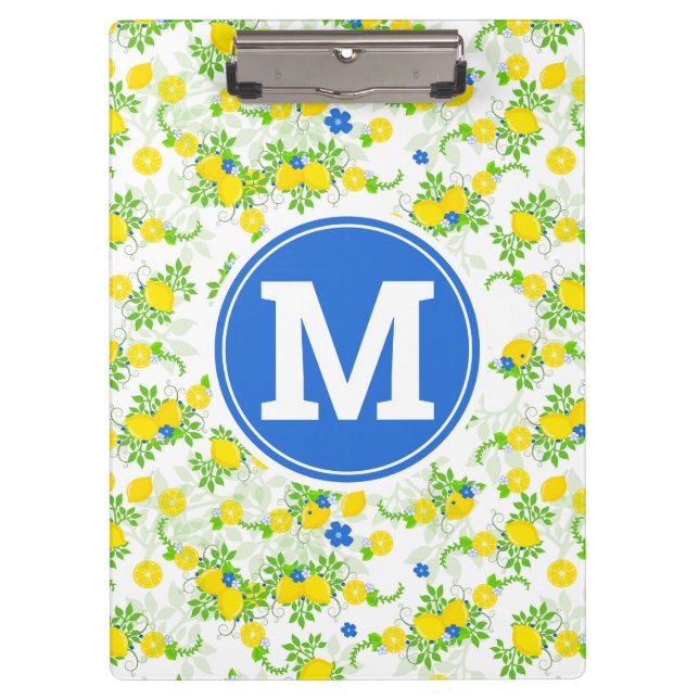 Summery Blue and Yellow Lemons Floral Pattern Clip Clipboard (Front)
