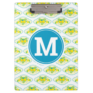Summery Blue and Yellow Lemons Floral Pattern Clipboard