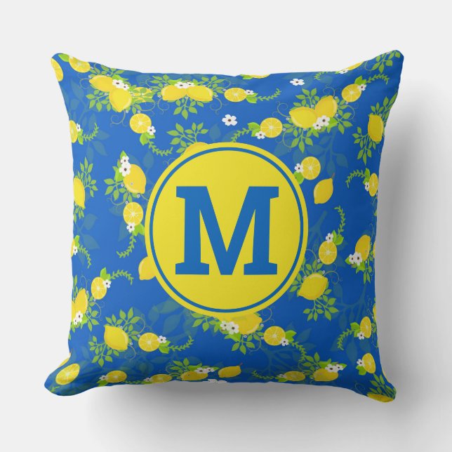 Summery Blue and Yellow Lemons Floral Pattern Cushion (Front)