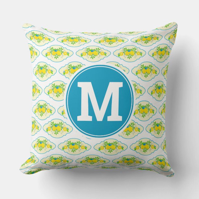 Summery Blue and Yellow Lemons Floral Pattern Cushion (Front)