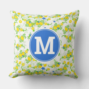Summery Blue and Yellow Lemons Floral Pattern Cushion