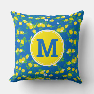 Summery Blue and Yellow Lemons Floral Pattern Cushion