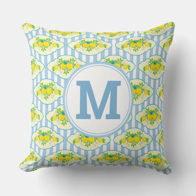 Summery Blue and Yellow Lemons Floral Pattern Cushion (Front)