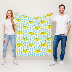 Summery Blue and Yellow Lemons Floral Pattern Fleece Blanket
