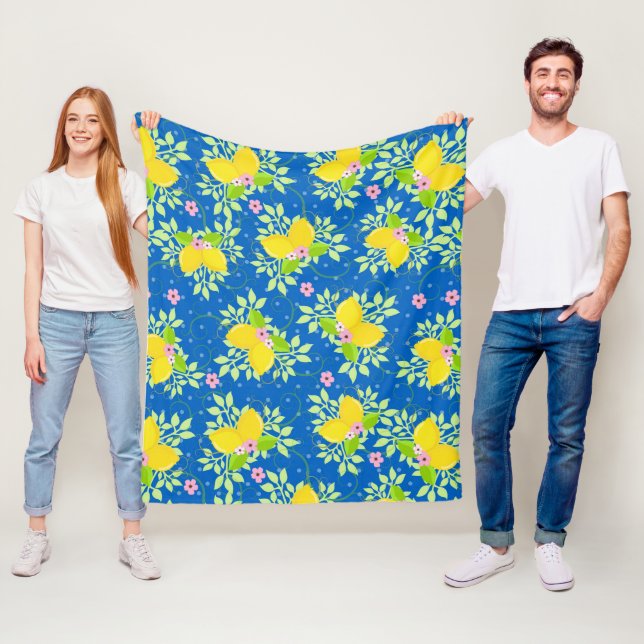 Summery Blue and Yellow Lemons Floral Pattern Fleece Blanket (In Situ)