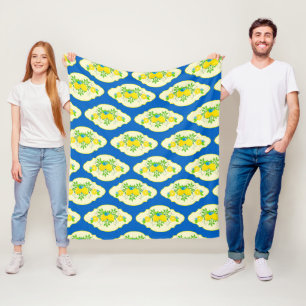 Summery Blue and Yellow Lemons Floral Pattern Fleece Blanket