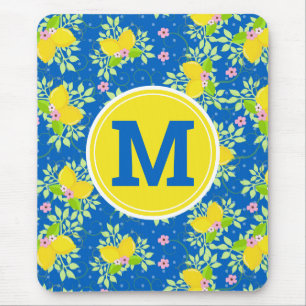Summery Blue and Yellow Lemons Floral Pattern Mouse Pad