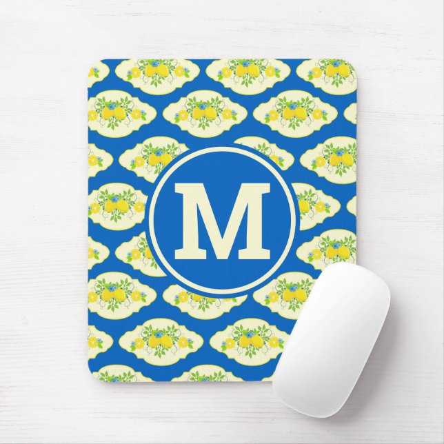 Summery Blue and Yellow Lemons Floral Pattern Mouse Pad (With Mouse)