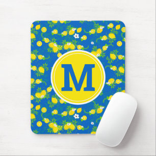 Summery Blue and Yellow Lemons Floral Pattern Mouse Pad