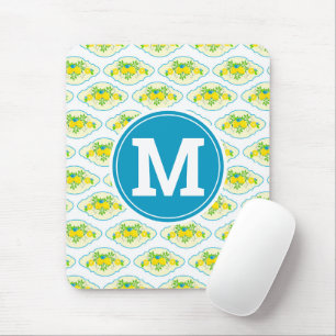 Summery Blue and Yellow Lemons Floral Pattern Mouse Pad
