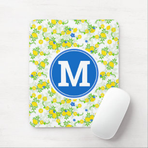 Summery Blue and Yellow Lemons Floral Pattern Mouse Pad
