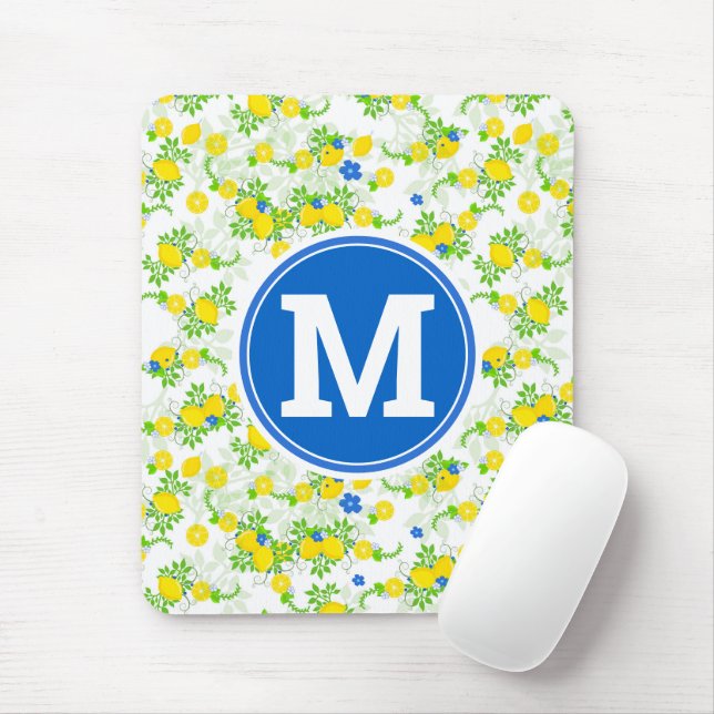 Summery Blue and Yellow Lemons Floral Pattern Mouse Pad (With Mouse)