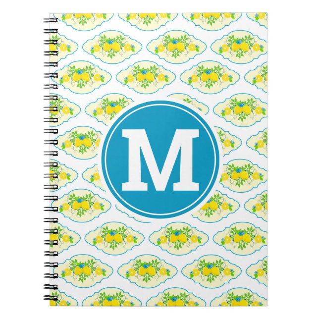 Summery Blue and Yellow Lemons Floral Pattern Notebook (Front)
