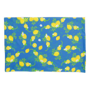 Summery Blue and Yellow Lemons Floral Pattern Pillowcase