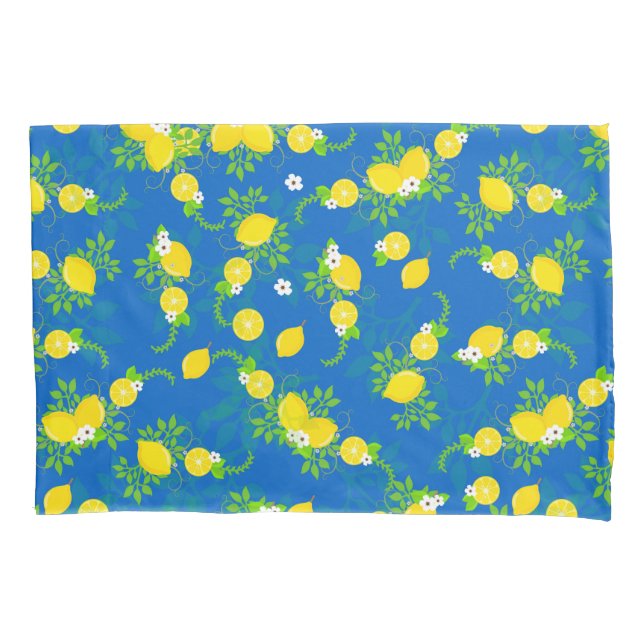 Summery Blue and Yellow Lemons Floral Pattern Pillowcase (Front)
