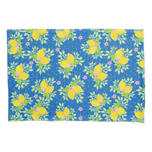 Summery Blue and Yellow Lemons Floral Pattern Pillowcase