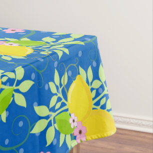 Summery Blue and Yellow Lemons Floral Pattern Tablecloth