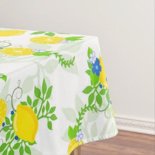 Summery Blue and Yellow Lemons Floral Pattern Tablecloth