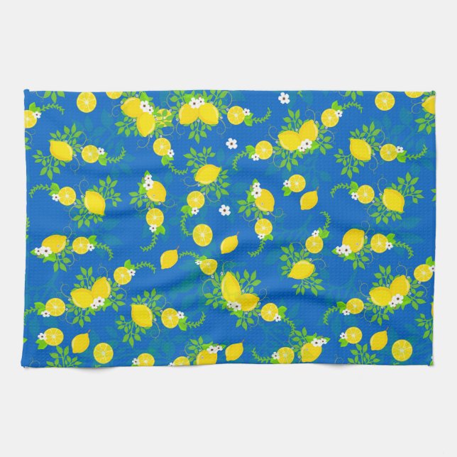 Summery Blue and Yellow Lemons Floral Pattern Tea Towel (Horizontal)