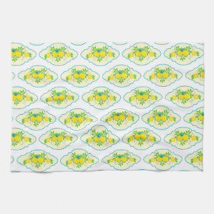 Summery Blue and Yellow Lemons Floral Pattern Tea Towel