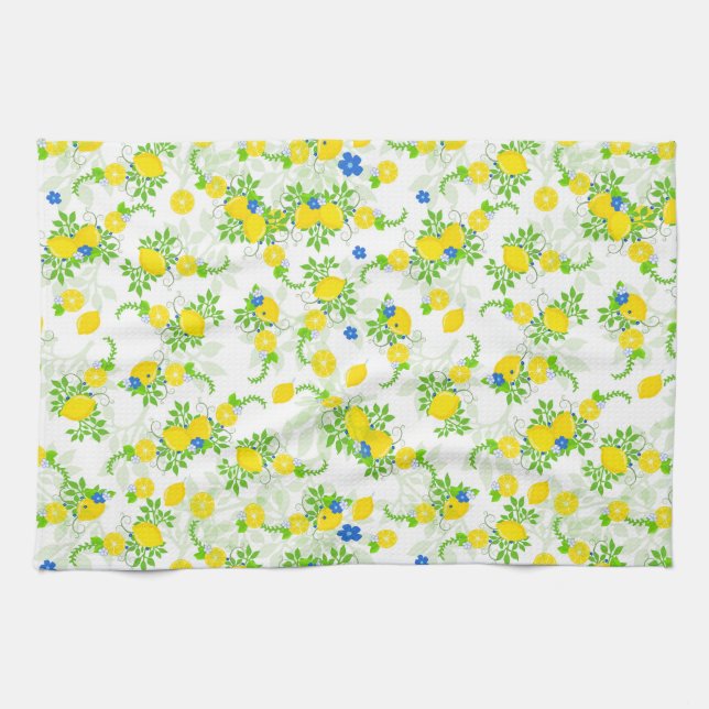 Summery Blue and Yellow Lemons Floral Pattern Tea Towel (Horizontal)