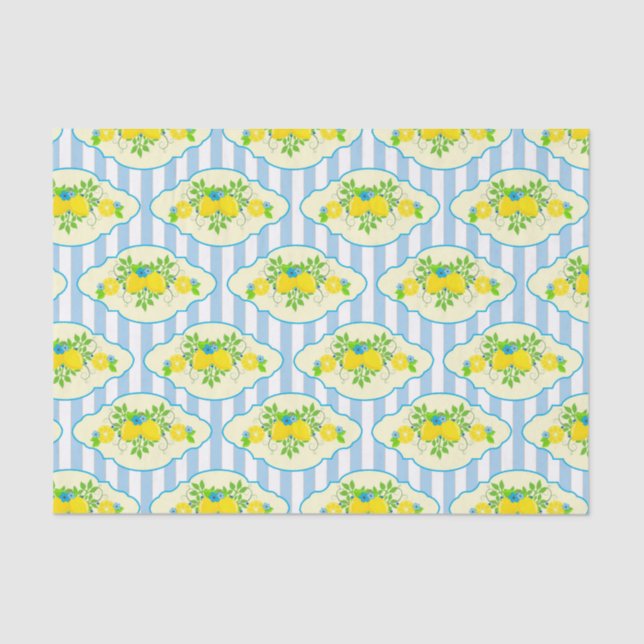 Summery Blue and Yellow Lemons Floral Pattern  Tissue Paper (Front)