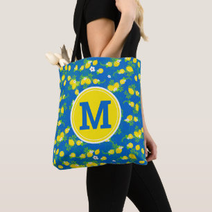 Summery Blue and Yellow Lemons Floral Pattern Tote Bag