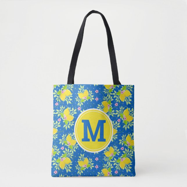 Summery Blue and Yellow Lemons Floral Pattern Tote Bag (Front)