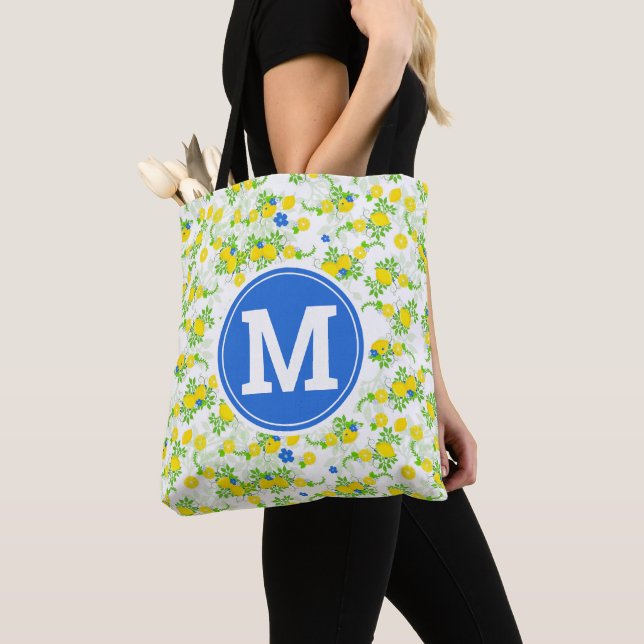 Summery Blue and Yellow Lemons Floral Pattern Tote Bag (Close Up)